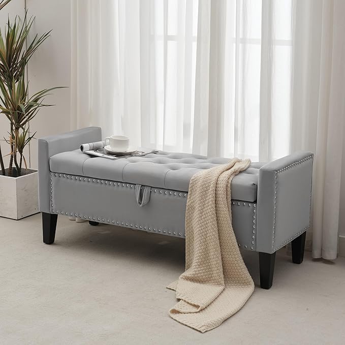 Storage Ottoman Bench, Velvet Upholstered Footstool for Bedroom and Living Room, Tufted Seat with Storage, Wooden Legs & Metal Rivets, Grey-Ruum Studio Home