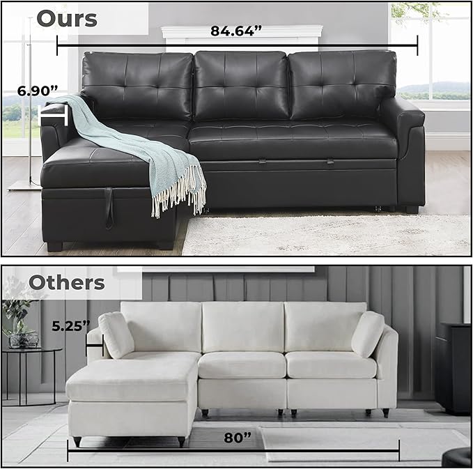 Naomi Home Jenny Sectional Sofa Sleeper with Storage Chaise, Tufted Pull Out Couch with Storage, L-Shaped Reversible Sleeper Sofa with Storage, Black,Air Leather-Ruum Studio Home