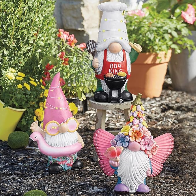 BAYN Garden Gnome Statues Outdoor Decor, Solar Powered Outdoor Gnome with Flamingo Swimming Decorative Yard Garden Lights Art Gifts with 11 Warm White LEDs-Ruum Studio Home