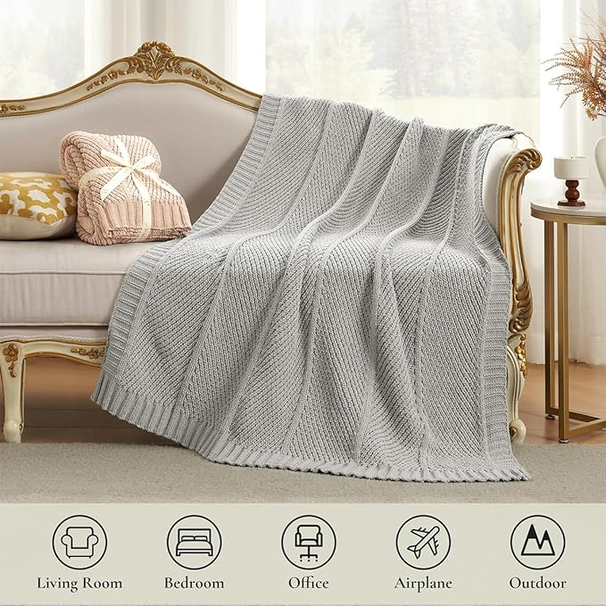 Amélie Home Chenille Knit Throw Blanket for Couch, Chevron Texture Decorative Soft Blanket for Sofa, Bed & Chair, 60"x80", Light Grey-Ruum Studio Home