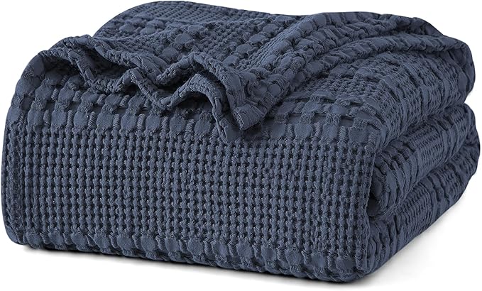 PHF 100% Cotton Waffle Weave Blanket Queen Size, Soft Lightweight Breathable Cozy Summer Blankets for Bed, Luxury Aesthetic Woven Bedding for Home Decor, 90"x90", Dark Navy-Ruum Studio Home