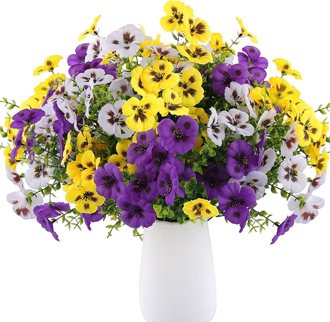 18 Bundles Artificial Fake Pansy Flowers for Outdoor, Faux UV Resistant Silk Pansies Flowers for Outside Planter Front Door Porch Yard Patio Window Box Home Decor (18, Purple, Yellow, White)-Ruum Studio Home
