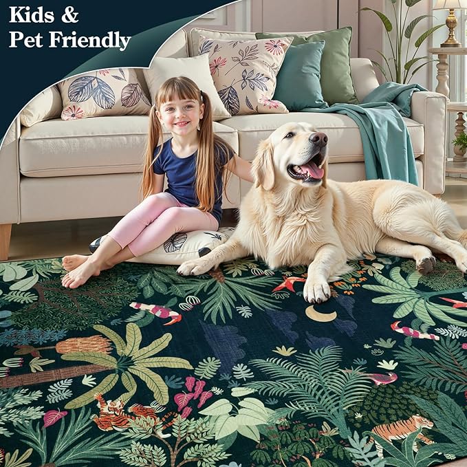 LIVEBOX Washable Bedroom Rug 8x10 Under Bed, Modern Stain Resistant Dark Green Botanical Rug for Living Room Playroom Kids Boy Room, Non-Slip Jungle Forest Print Rugs for Nursery Baby-Ruum Studio Home