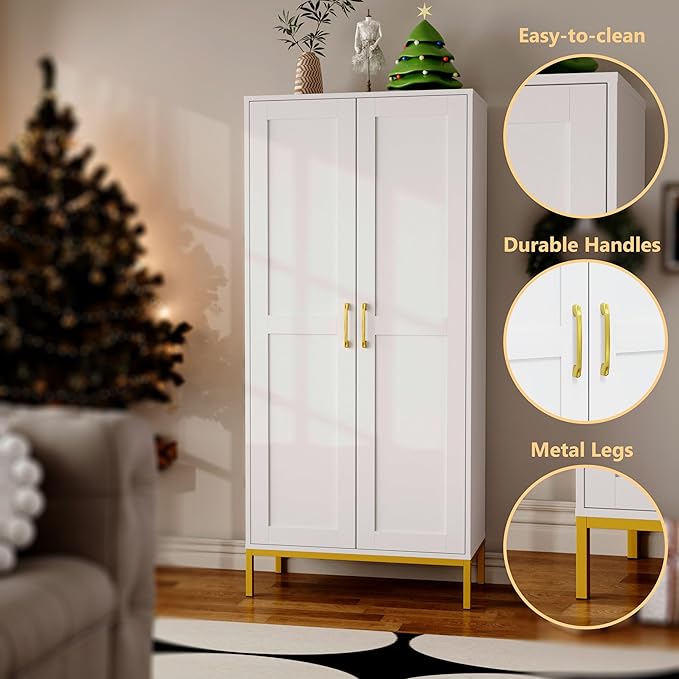Tall Storage Cabinet, Kitchen Pantry Cabinet with 2 Doors & Adjustable Shelves for Laundry Room, Living Room, Entryway,Bathroom,White-Ruum Studio Home