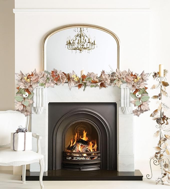 DearHouse Fall Maple Leaf Garland, 5.9Ft Hanging Vine Artificial Autumn Foliage for Thanksgiving, Home, Wedding, Fireplace, Party, Christmas Decor (White)-Ruum Studio Home