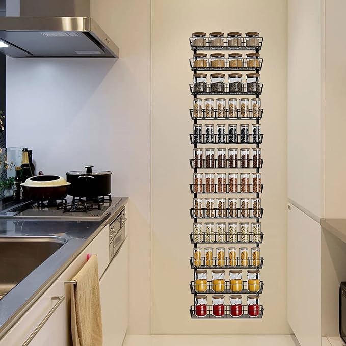 SWOMMOLY Adjustable Wall Mount Spice Rack Organizer, 12-Tier Dual-use (Multi-use) Hanging Spice Shelf Storage for Kitchen Pantry Cabinet Door, Seasoning Holder Organizer, Black-Ruum Studio Home