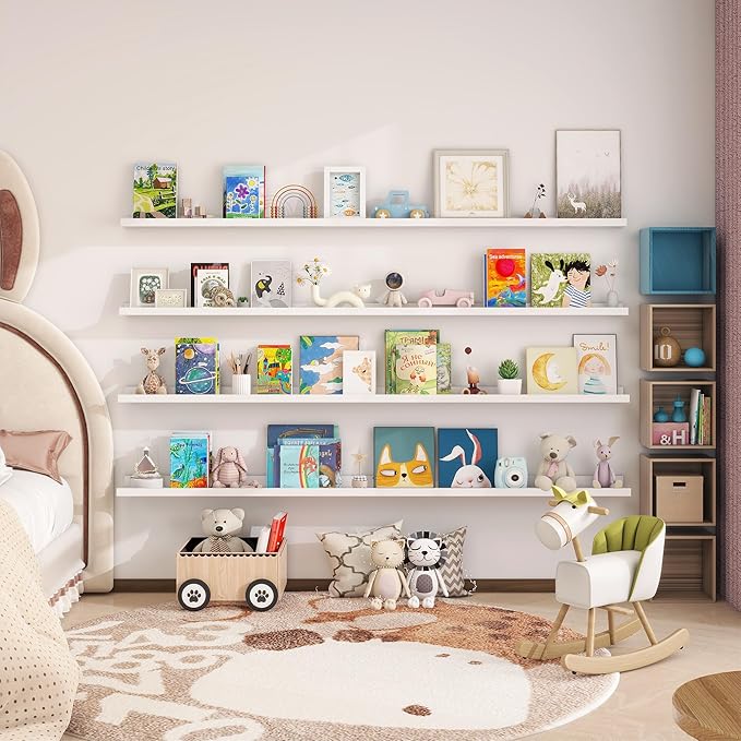 Picture Ledge Shelf for Wall, 72 inch Nursery Book Shelves 4 Packs, Large Long Floating Ledge Shelves for Kid's Room Bedroom Bathroom Living Room Photo Frames Office Nursery Wall Decor, White-Ruum Studio Home