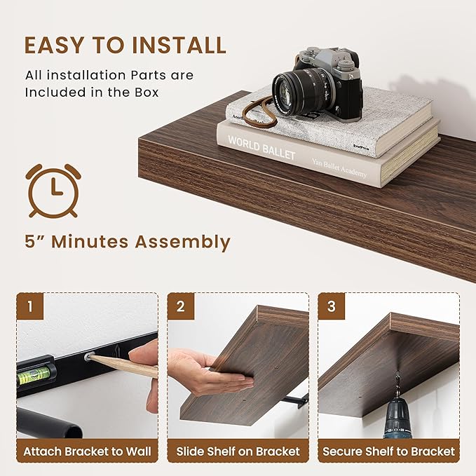 fuqing Floating Shelves for Wall, Bathroom Shelf Wall Mounted for Storage, Shelves with Invisible Bracket for Bedroom, Kitchen, Living Room, Farmhouse Small Book Shelf, 30 Inch Set of 2, Walnut-Ruum Studio Home