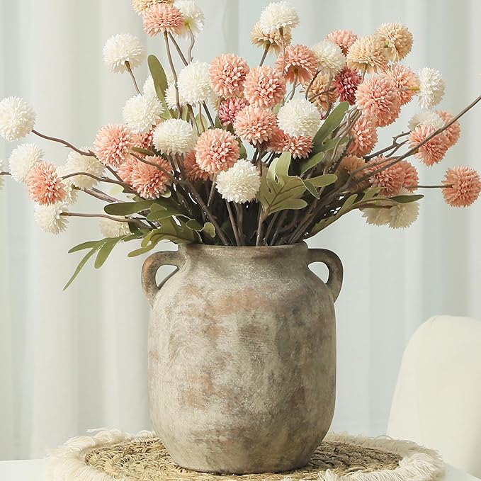 Ceramic Flower Vase Home Decor - 7.6 Inch Farmhouse Rustic Table Vases with Handle Living Room Decoration Decorative Vintage Pottery for Kitchen Shelf Coffee Dining Bookshelf Fireplace Centerpiece-Ruum Studio Home
