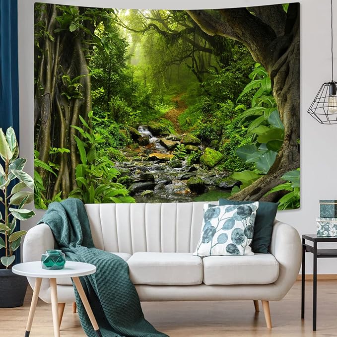 AMM Green Rainforest Tapestry Nature Forest Tapestry for Bedroom Aesthetic Misty Tropical Jungle Trees Flowing Stream Landscape Tapestries Wall Hanging for Living Room Dorm 48 x 36 Inch-Ruum Studio Home