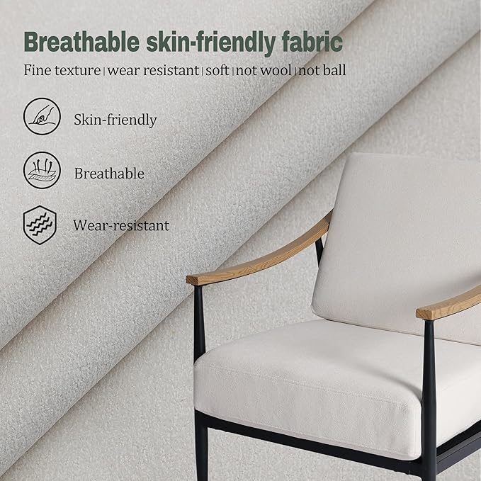 Modern Accent Chairs Set of 2 for Living Room Bedroom Mid Century Arm Chairs Upholstered Office Accent Chairs Comfy Waiting Room Chairs with Metal Frame, Cream White-Ruum Studio Home
