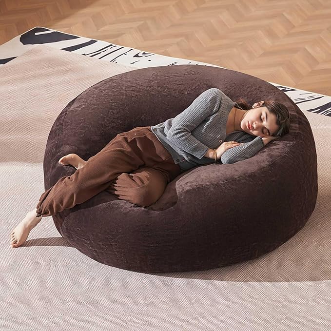 Bean Bag Chair 5Ft, Memory Foam Filled, Large Beanbag Chairs for Adults and Teens, Soft Sofa with Removable Flannel Cover, Round Couch for Living Room Bedroom College Dorm (Brown, 5FT-60×60"×24")-Ruum Studio Home