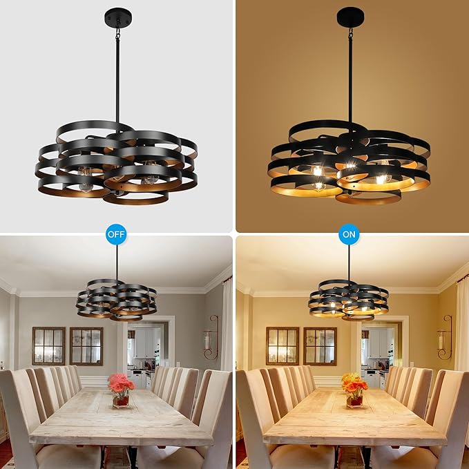 6-Light Modern Farmhouse Chandeliers for Dining Room, Rustic Multiple Rings Pendant Lighting, Industrial Metal Round Chandelier for Kitchen Entryway, Black with Gold Interior-Ruum Studio Home