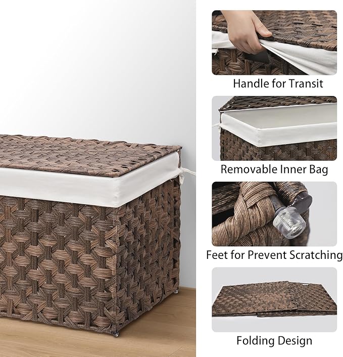 Wicker Storage Basket with Lid, 42.3 Gallon (160L) Large Blanket Basket with Lid, Woven Storage Bin with Handles, Removable Liner, Metal Frame, Foldable, for Bedroom, Laundry Room, Brown-Ruum Studio Home