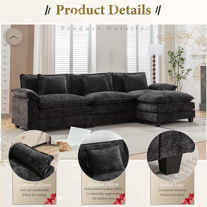 URRED Modular Sectional Sofa Comfy Cloud Couch, Modern Chenille Sofa Sleeper Deep Seat Couches with Ottoman/Pillows for Living Room (Black, 117''- L Shape)-Ruum Studio Home