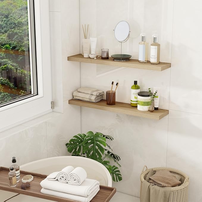 Fun Memories 30" Rustic Wood Deep Floating Shelves for Wall, Invisible Brackets for Decor & Storage, Living Room, Bathroom (Oak, Set of 2)-Ruum Studio Home