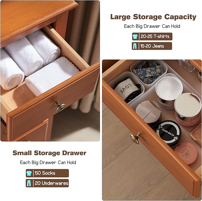 T4TREAM 7 Drawers Dresser Chests for Bedroom, Wood Vintage Chests of Drawers, Rustic Dressers Chset Organizer for Bedroom, Living Room, Hallway, Cherry-Ruum Studio Home