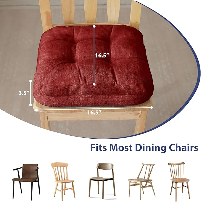 Chair Cushions for Dining Chairs, Dining Chair Cushions, Tufted Indoor Chair Pads with Ties & Non Slip Backing, Seat Cushions for Kitchen Chairs 16.5” x 16.5” x 3.5”, Set of 4, Red-Ruum Studio Home
