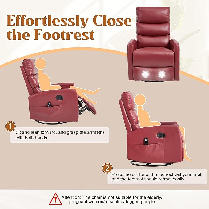 Manual Swivel Rocker Recliner Chair for Adults, Overstuffed Reclining Glider Chair for Nursing with Vibration Massage & Heat, Living Room Rocking Recliner 3-Stage backrest, Faux Leather Red-Ruum Studio Home
