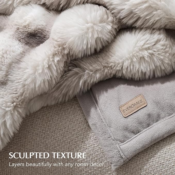 EVERGRACE Ultra Soft Luxury Fluffy Ridgeline Faux Rabbit Fur Throw Blanket, Thick Warm Bubble Throw for Bed, Cozy Plush Reversible Blankets for Couch, Chair, Sofa, Light Grey, 50x60 Inches, 870 GSM-Ruum Studio Home