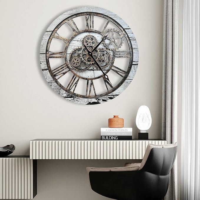 The B-Style Large Wall Clock 24 inch Moving Gear Wall Clock Oversized Vintage Farmhouse Wall Clocks for Living Room Decor Rustic Industrial Wood Clock (Gray and White)-Ruum Studio Home