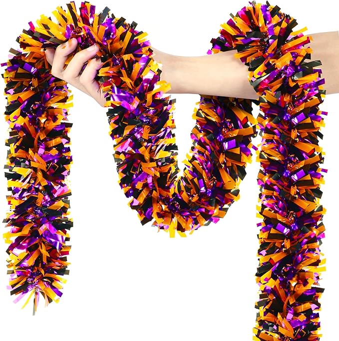 50FT Halloween Decorations Tinsel Garland, Orange Purple Black Shiny Metallic Tinsel Twist Hanging Streamers Garland for Halloween Birthday Home Tree Banister Indoor Outdoor Party Decor Supplies-Ruum Studio Home