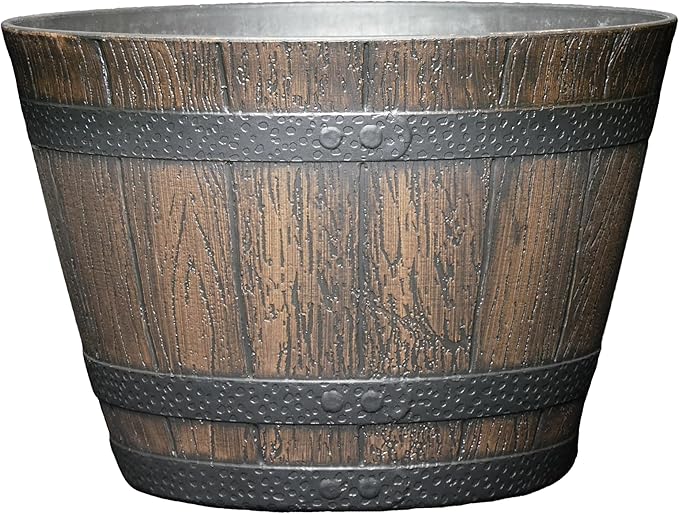 Classic Home & Garden Whiskey Barrel Planters - Wood Finish Flower Planter Pot - Decorative Garden Pots - Indoor & Outdoor Resin Planters - Weather-Resistant Planting Pots (9" Walnut Brown, Pack of 1)-Ruum Studio Home