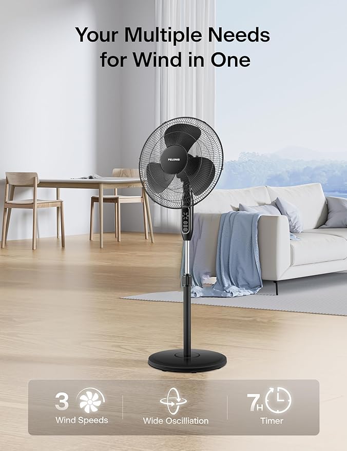 PELONIS 16'' Pedestal Fan for Bedoom, Remote, Standing Fan with 7-Hour Timer, 90° Oscillation, 3-Speeds, Adjustable Height, Electric Cooling Fans for Living Room and Office-Ruum Studio Home