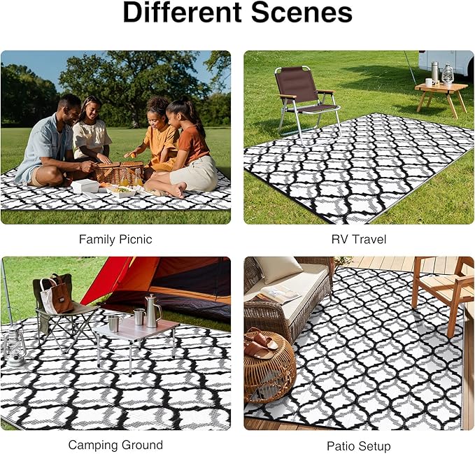 OLANLY Reversible Outdoor Rug 9x12 ft Clearance, Waterproof Outdoor Plastic Straw Rug with Interlacing Pattern, RV Mat for Patio, Camping, Balcony, Deck, Backyard, Black & White-Ruum Studio Home