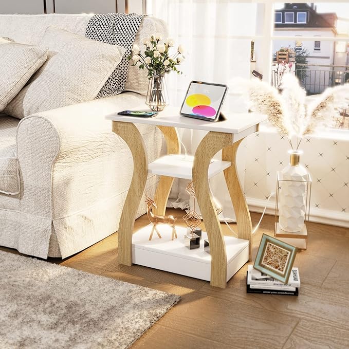 End Table with Charging Station, Side Table with USB Ports and Outlets, Nightstand, 3 Tier End Table with Storage Shelf for Living Room, Bedroom (White)-Ruum Studio Home