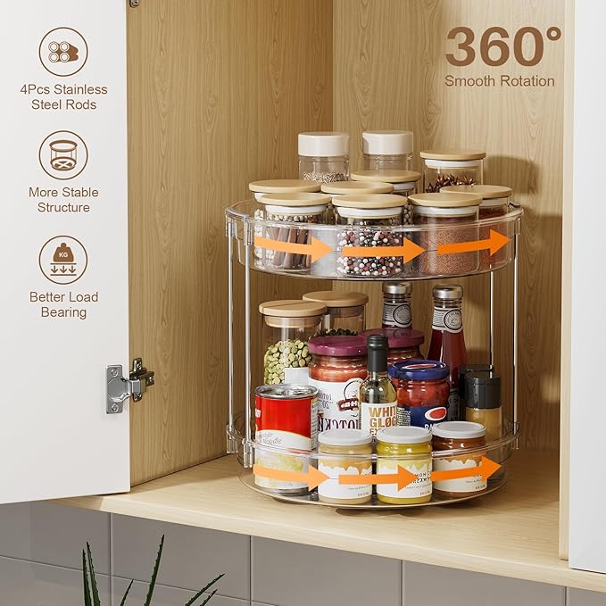 LAMU 2 Pack 2 Tier Lazy Susan Turntable Organizer 12inch Rotating Spice Rack Organization for Cabinet, Kitchen, Pantry, Countertop, Bathroom, Vanity, Medicine Cabinet Organizer, Clear-Ruum Studio Home