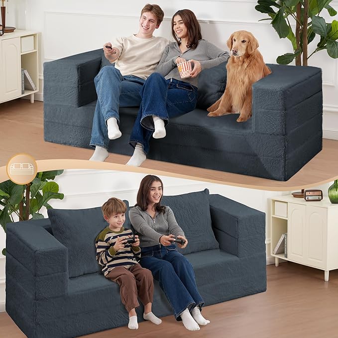 Folding Bean Bag Chair for Adults,3-in-1 Bean Bag Couch Faux Fur Floor Sofa Large Beanbag Convertible Bean Bag Sofa Bed with Pillow in Bedroom,Living Room,Apartment(Queen,Dark Grey)-Ruum Studio Home