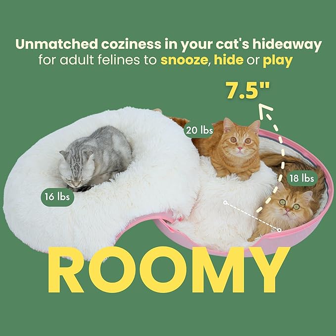 CATTASAURUS Peekaboo Cat Cave for Multiple & Large Cats Up to 30-45 Lbs, Fluffy Cat Beds for Indoor Cats, Scratch Detachable & Washable Tunnel Bed, Comfy Donut Cat Cave (Pink, Large (Calming))-Ruum Studio Home