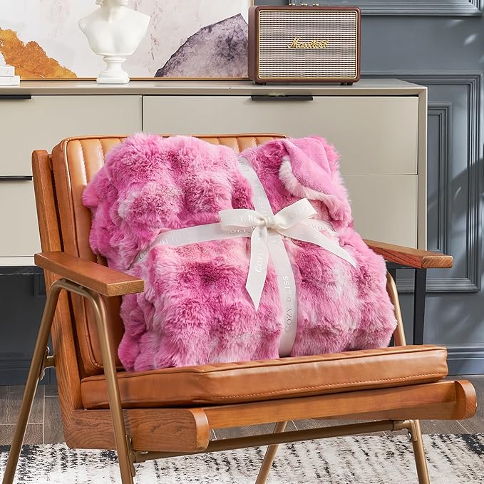 Cozy Bliss Faux Fur Throw Blanket for Couch, Fuzzy Soft Plush Thick Bubble Blanket for Sofa Bedroom Living Room, 60 * 80 Inches Tie Dye Pink-Ruum Studio Home