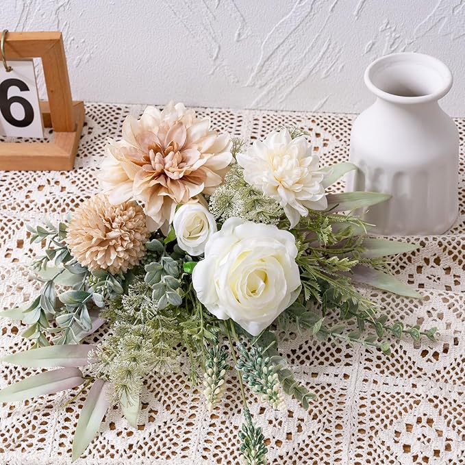 Fake Flowers in Vase, Artificial Flowers with Vase, 15.7'' Floral Arrangements for Dining Table Centerpiece Decor, Silk Roses & Faux Dahlia Bouquet for Farmfouse Kitchen Coffee Table Decor (Brown)-Ruum Studio Home