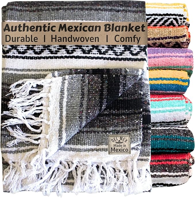 Del Mex Classic Mexican Blanket, Large Authentic Woven Falsa Throw (70"x50"), Artisan Southwest Décor for Beach, Yoga, Outdoors (Gray)-Ruum Studio Home