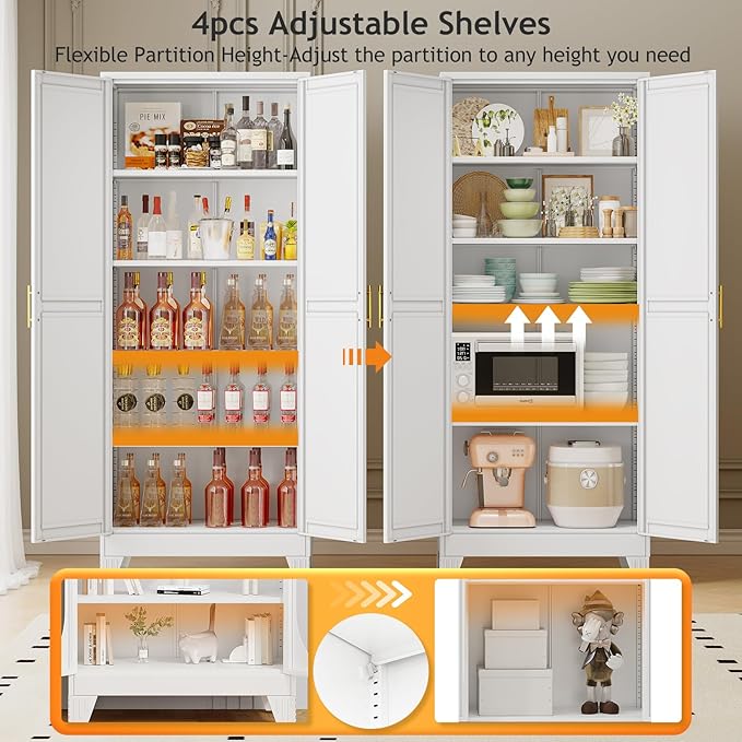71" Tall Metal Pantry Storage Cabinet with Doors and 4 Adjustable Shelves, White Kitchen Food Pantry Cabinets, Tall Freestanding Cupboard for Kitchen, Dining Room or Living Room-Ruum Studio Home