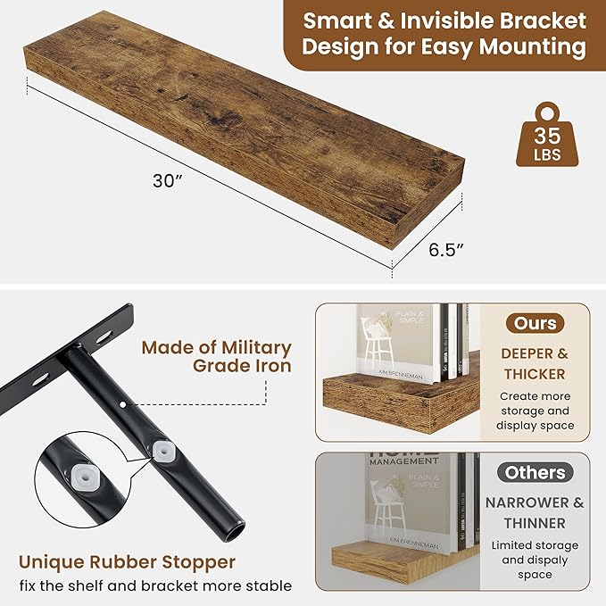 fuqing Floating Shelves for Wall, Bathroom Shelf Wall Mounted for Storage, Shelves with Invisible Bracket for Bedroom, Kitchen, Living Room, Farmhouse Small Book Shelf, 30 Inch Set of 2, Rustic Brown-Ruum Studio Home