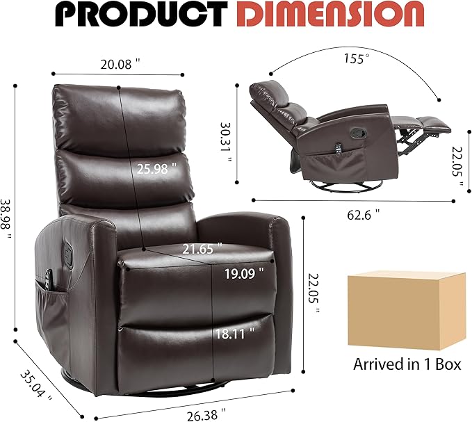 Manual Swivel Rocker Recliner Chair for Adults, Overstuffed Reclining Glider Chair for Nursing with Vibration Massage & Heat, Living Room Rocking Recliner 3-Stage backrest, Faux Leather Brown-Ruum Studio Home