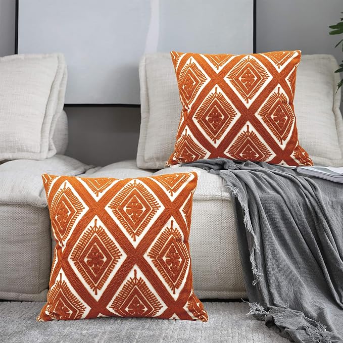 Alysheer Embroidered Decorative Throw Pillow Covers 18x18 inches Set of 2 Pieces, Boho Geometric Modern Chic Classic Pattern Cotton Cushion Cases for Sofa Couch Bed Living Room(Burnt Orange)-Ruum Studio Home