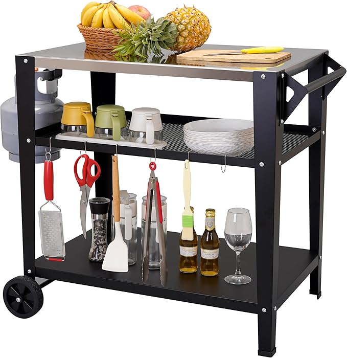 Stainless Steel Outdoor Grill Cart with Wheels, Heavy-Duty 3-Tier BBQ Prep Table for Pizza Oven, Griddle, Patio – Rustproof Commercial Kitchen Cart with Tool Hooks-Ruum Studio Home
