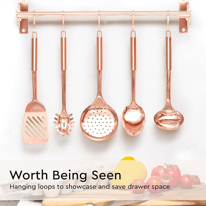 Copper Cooking Utensils Set – 5-Piece Rose Gold Stainless Steel Kitchen Tools for Cooking and Serving Includes Ladle, Spoon, Pasta Fork, Spatula, and Skimmer – Stylish Copper Kitchen Accessories-Ruum Studio Home