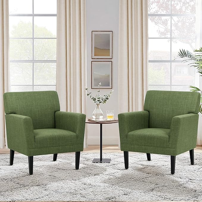COLAMY Accent Chair Set of 2 for Living Room, Modern Upholstered Fabric Accent Armchair with Back, Soft Single Sofa Chair with Arms for Bedroom/Office/Reception Room, Green-Ruum Studio Home