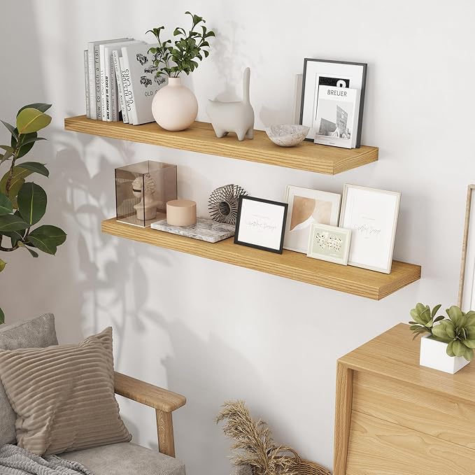 48 Inch Floating Shelves Set of 2, Rustic 48 x 9 Floating Shelf for Wall, 9 Inch Deep Bookshef Invisible Bracket, Wall-Mounted Deep Shelving for Bedroom, Kicten, Living Room, Oak Color-Ruum Studio Home