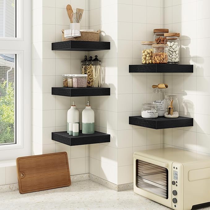 fuqing Floating Shelves for Wall, Bathroom Shelf Wall Mounted for Storage, Shelves with Invisible Bracket for Bedroom, Kitchen, Living Room, Farmhouse Small Book Shelf, 6.5 Inch Set of 3, Black-Ruum Studio Home