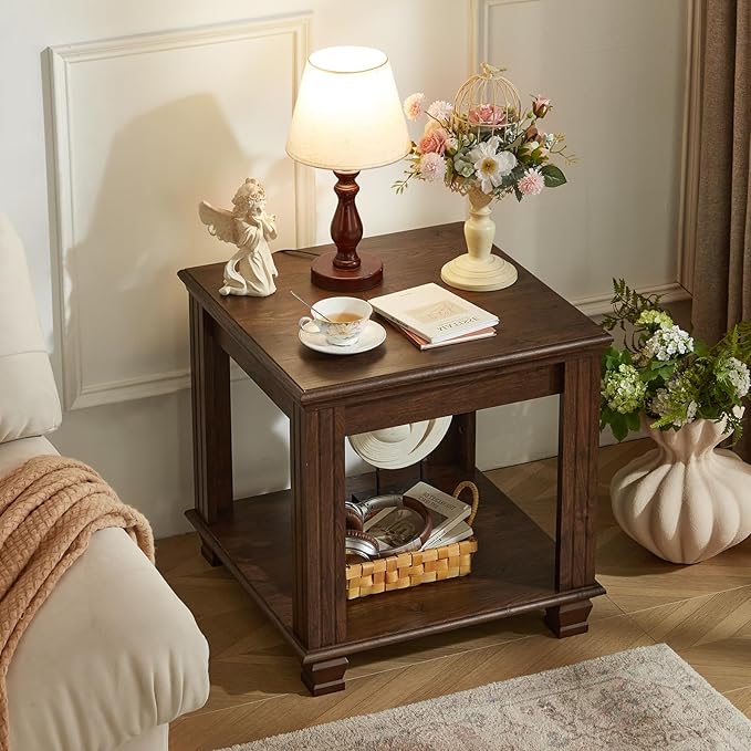 Farmhouse End Table Set of 2,Large Side Table with 2-Tier Storage Shelf,Rustic Brown End Tables for Living Room,Square Tea Table,Walnut-Ruum Studio Home