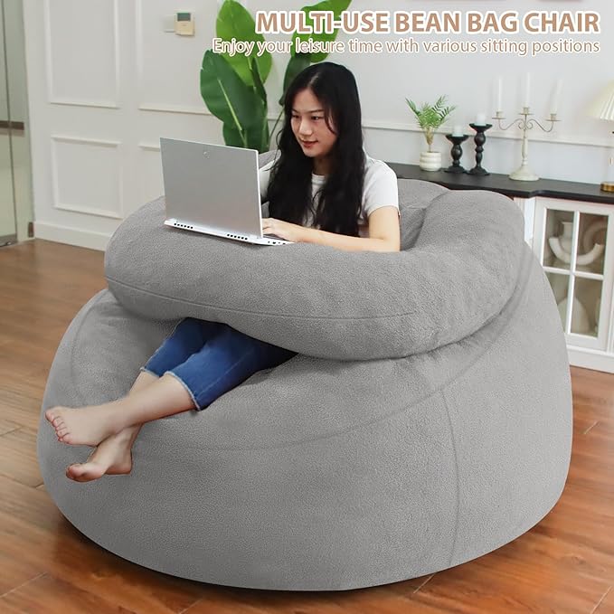 HABUTWAY Bean Bag Chair with U-Shaped Pillow for Adult and Kids Big BeanBag Chair with Filling Ultra Soft Teddy Fleece Couch Chair with Washable Cover for Living Room Bedroom, Light Grey & Light Grey-Ruum Studio Home