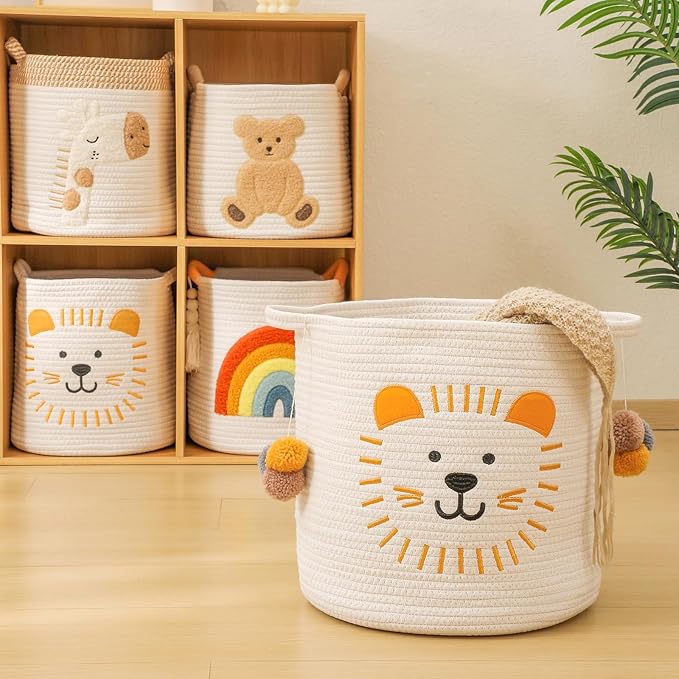 Large Blanket Baskets for Living Room Decor, Toy Storage Baskets Woven Cotton Rope Animal Storage Basket for Kids, Dog Toys Organizer Clothes Hamper with Embroidery Decor for Nursery (Large, Lion)-Ruum Studio Home