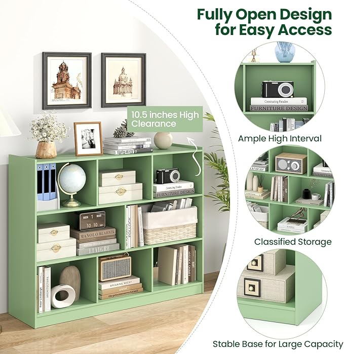 Tangkula 8-Cube Bookcase, Wood 3 Tier Open Storage Bookshelf, Modern Multipurpose Display Cabinet for Living Room, Study, Reading Nook, 48 x 12.5 x 36.5 Inch (Green)-Ruum Studio Home