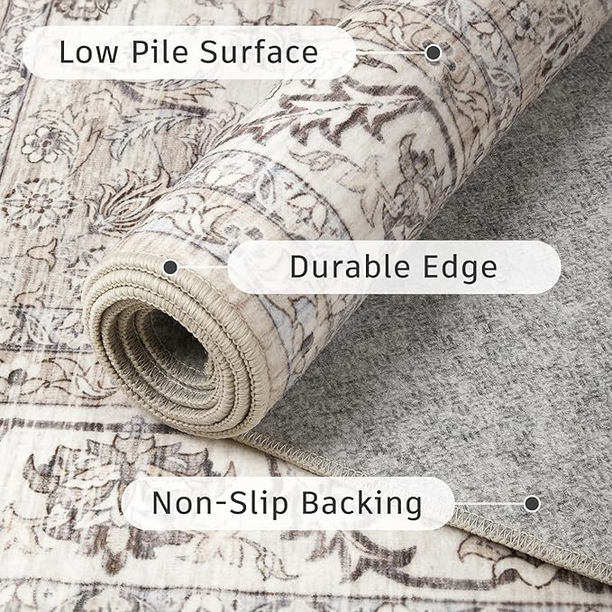 DCX Machine Washable Brown and Beige Area Rug 5x7, Non Slip Stain Resistant Vintage Floral Rug for Living Room Bedroom Nursery, Soft Low Pile Large Carpet-Ruum Studio Home